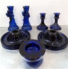 VINTAGE LOT OF 7 COBALT BLUE GLASS CANDLE HOLDERS